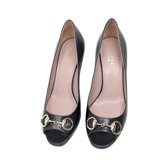 NIB Gucci Black Leather Horsebit Hollywood Peep Toe Heels Pumps Size EU 37 - Picture 6 of 11